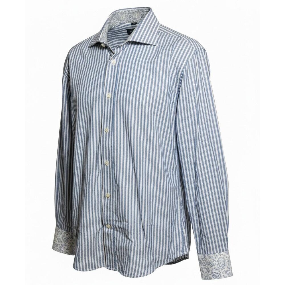 Ted Baker Endurance Blue & White Stripe 16.5 Long Sleeve Shirt W/French Cuffs Lg
